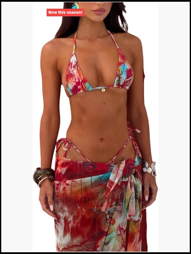 Women's 3pc Floral Halter Triangle String Bikini Set With Bodycon Beach Skirt